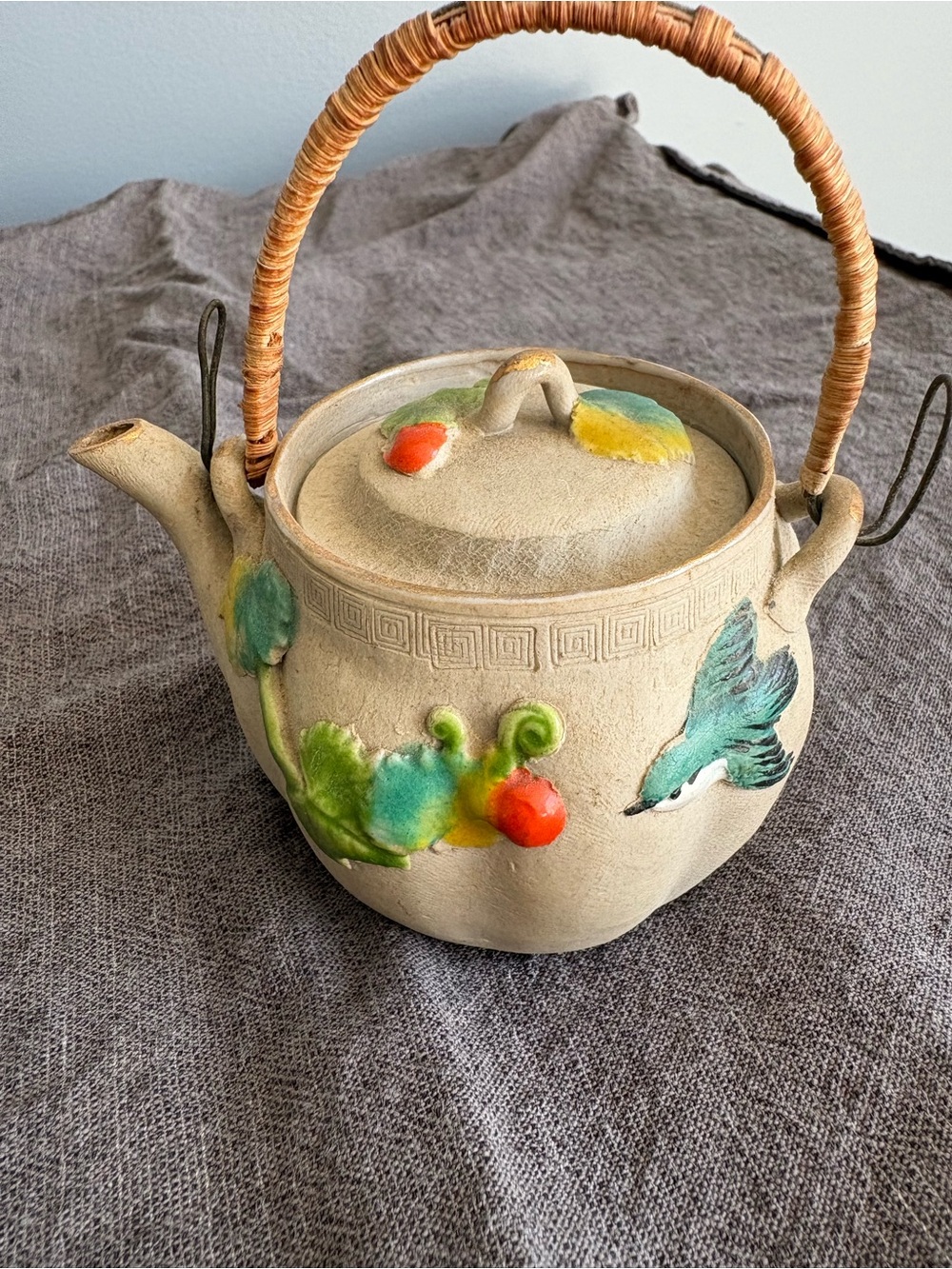 Hand-Painted Ceramic Teapot with Bamboo Handle - Multicolor